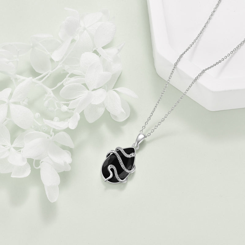 Schlangen-Kette mit schwarzem Obsidian – 925er Silber