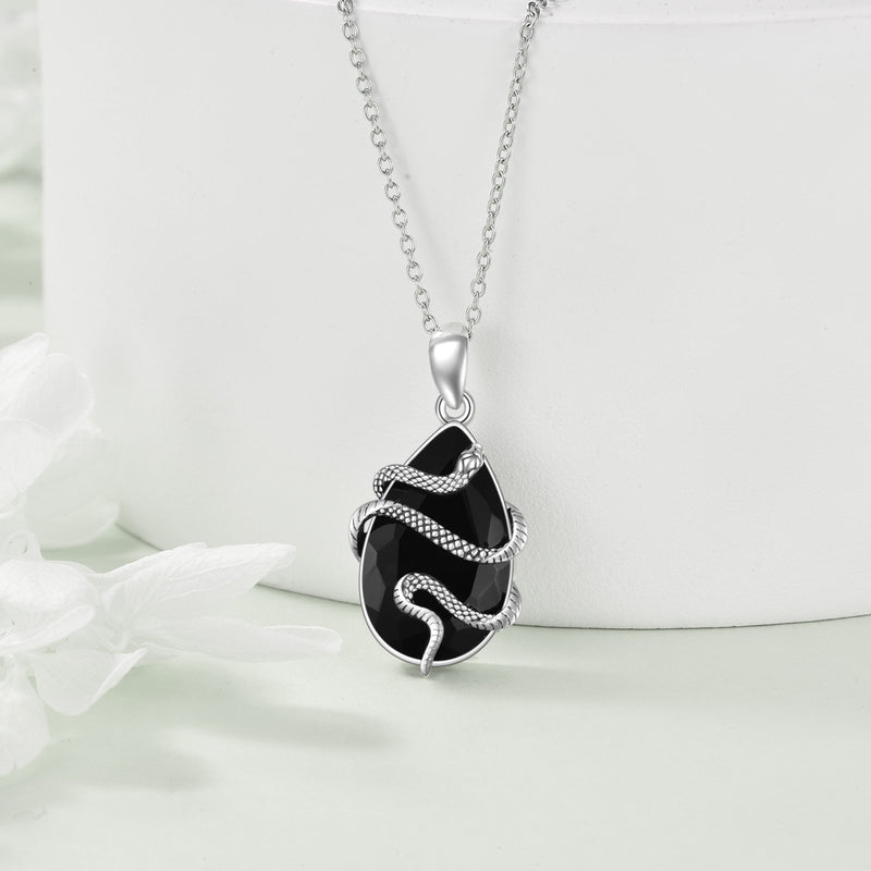 Schlangen-Kette mit schwarzem Obsidian – 925er Silber