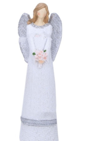 Engel-Figur aus Resin, 20 cm hoch, Variante Herz oder Blume in Händen haltend, schlanke Silhouette