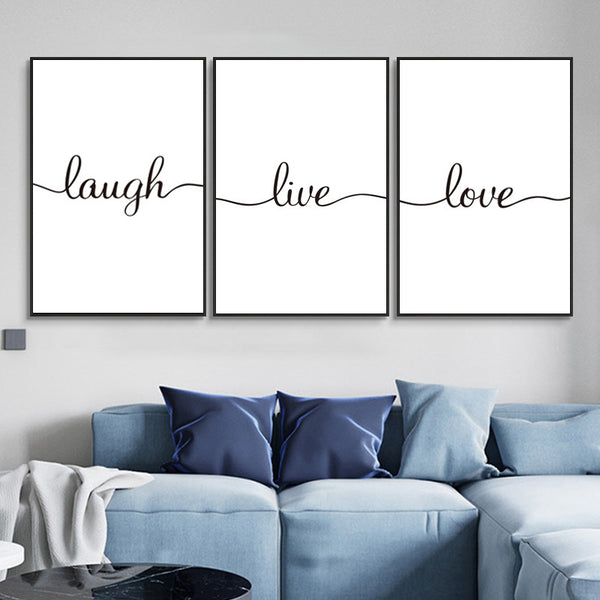 Modernes Wandbild mit englischem Zitat: "love live laugh" im Schwarz-Weiß-Design – minimalistisches Typografie-Bild auf Vliesstoff für Wohnzimmer oder Büro.