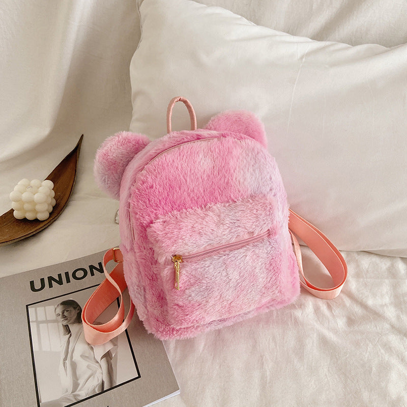 Kleiner Damenrucksack aus weichem Cordstoff im Plüsch-Stil, mit Sandwich-Außentasche und Doppelträgern – ideal für Herbst und Winter