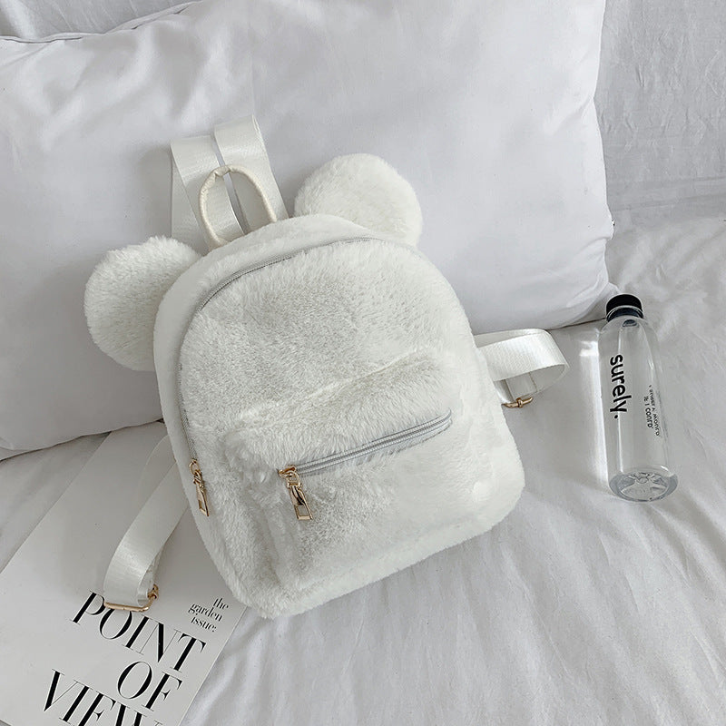 Kleiner Damenrucksack aus weichem Cordstoff im Plüsch-Stil, mit Sandwich-Außentasche und Doppelträgern – ideal für Herbst und Winter