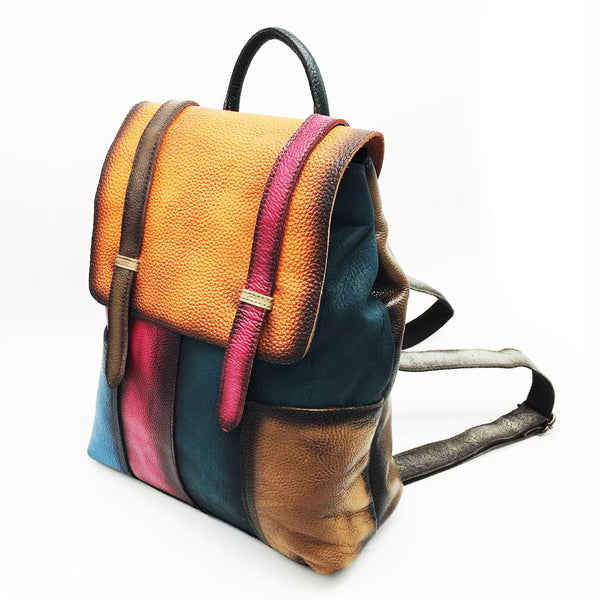 Damenrucksack aus echtem Rindleder – Retro, farbige Patches