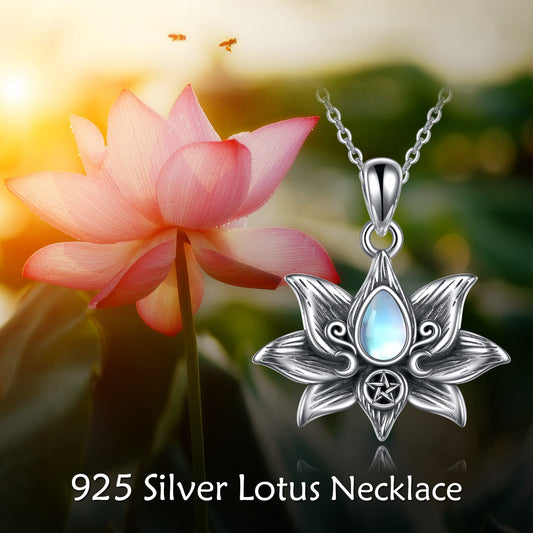 Damen Halskette 925 Silber Lotus- Design & Mondstein