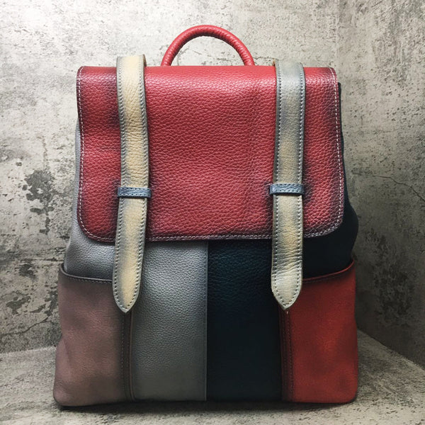 Damenrucksack aus echtem Rindleder – Retro, farbige Patches