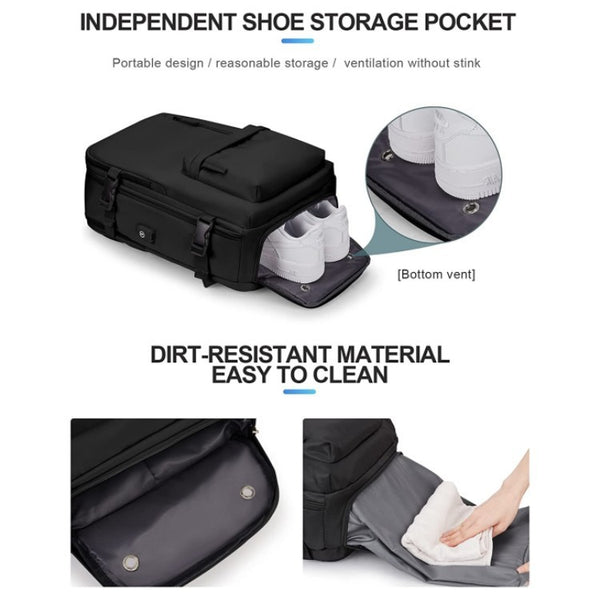 Vielseitig funktionelle Reise-Tasche, Bagpack – Minimal & Smart, Reisen im Flugzeug